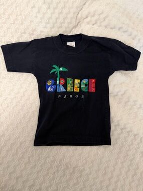 #153 Black "Greece Paros" Embroidered Kids T‑Shirt